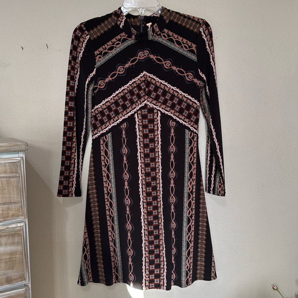 Free People Stella Mini Dress Retro High Neck Long Sleeve Black Small Lined